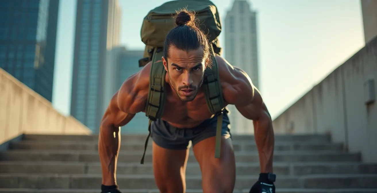 Atleta che si allena sulle scale di un palazzo urbano con zaino da trekking