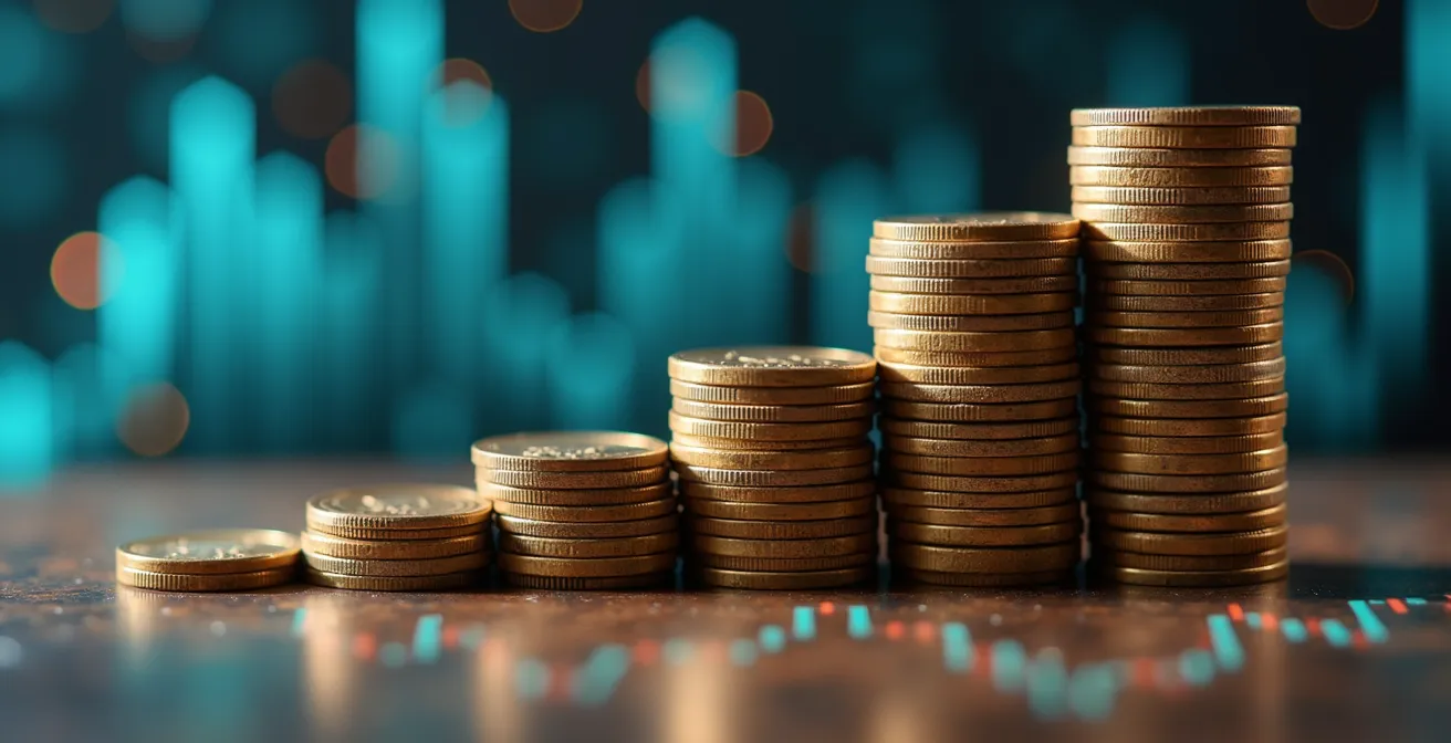 Vista macro di monete e grafici che rappresentano l'analisi della redditività