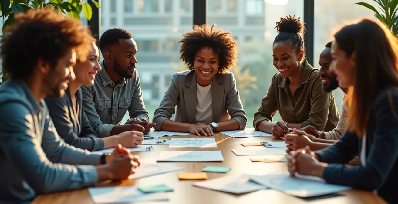Team aziendale che collabora attorno a un progetto pilota di automazione con fasi visualizzate