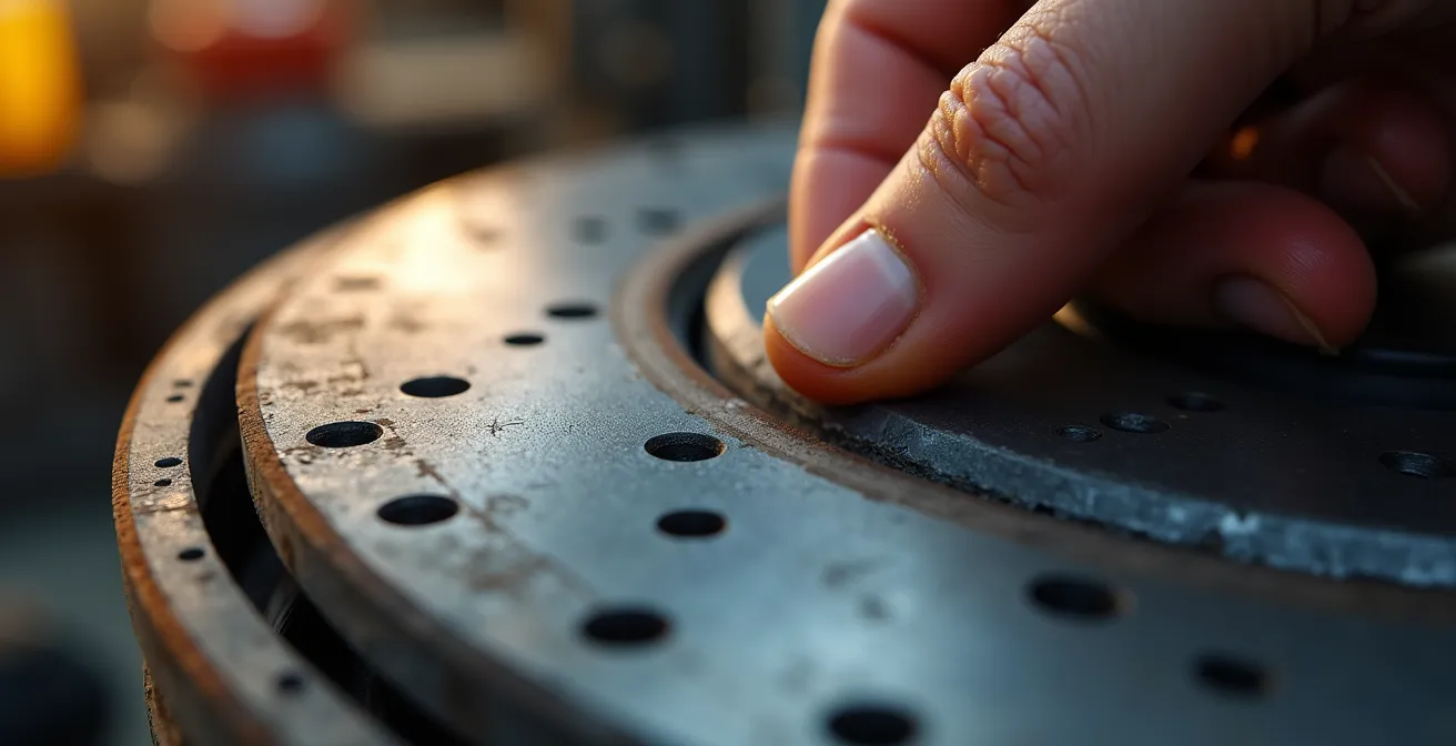 Vista ravvicinata del bordo scalinato di un disco freno usurato con misurazione della profondità