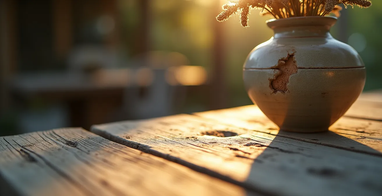 Interno domestico con elementi personali e segni del tempo secondo la filosofia Wabi-Sabi