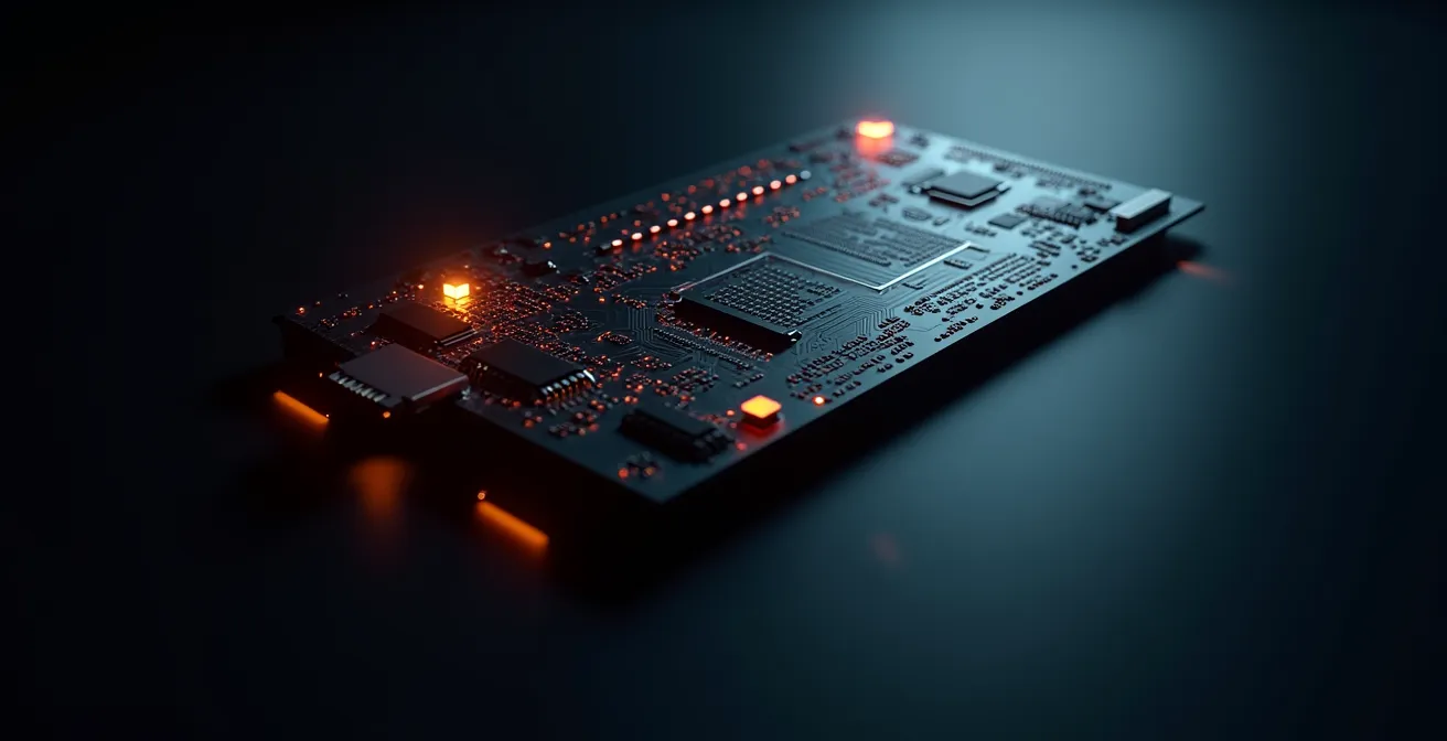 Vista simbolica di una centralina elettronica con rappresentazione astratta della perdita dati