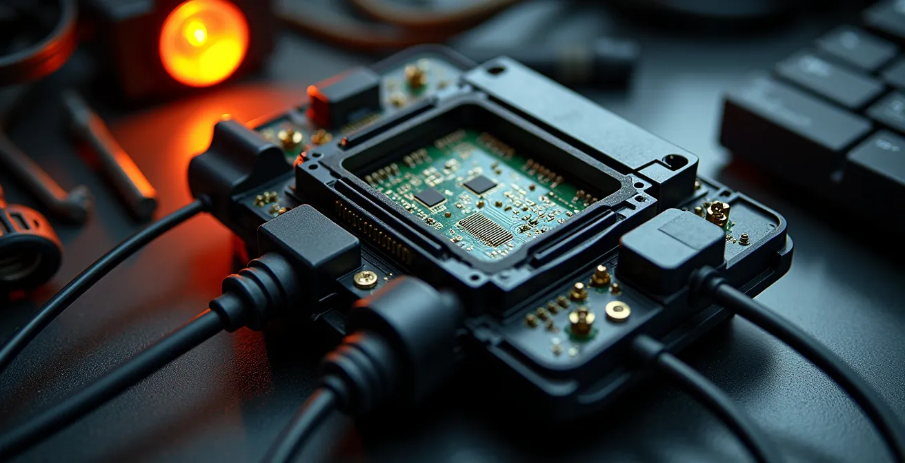 Vista dall'alto di una centralina motore con connettori e circuiti visibili in ambiente officina