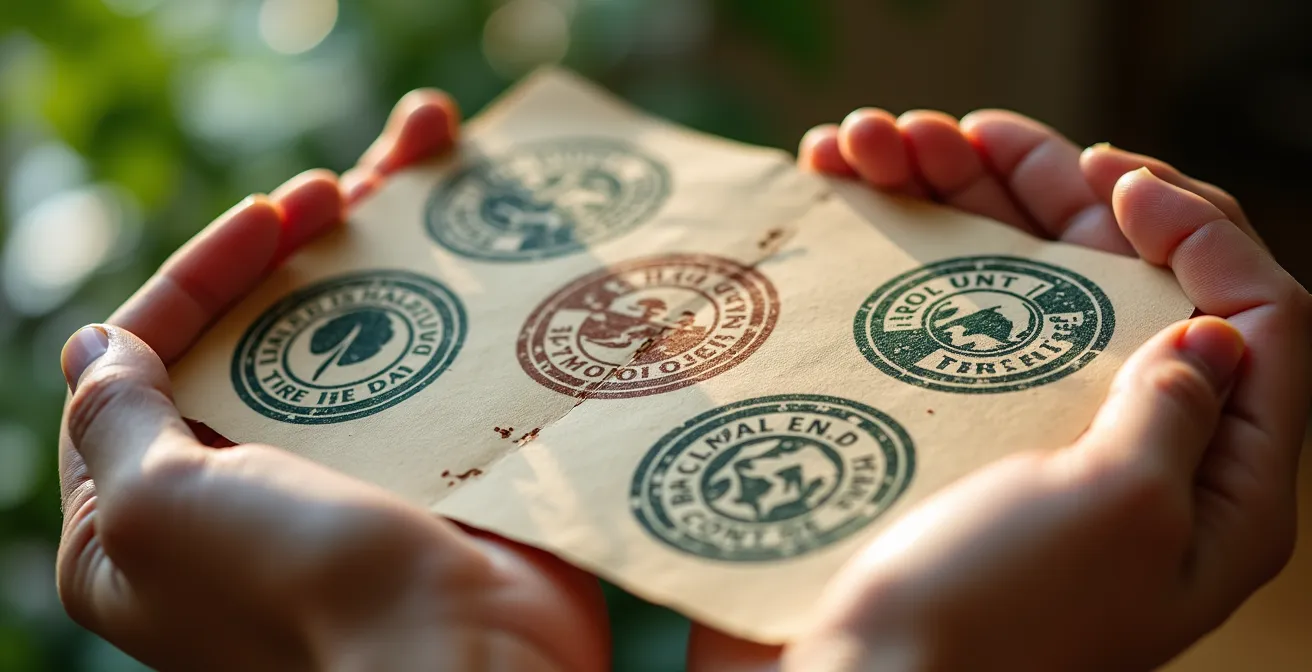 Mani che tengono diversi sigilli e certificazioni ecologiche con sfondo naturale