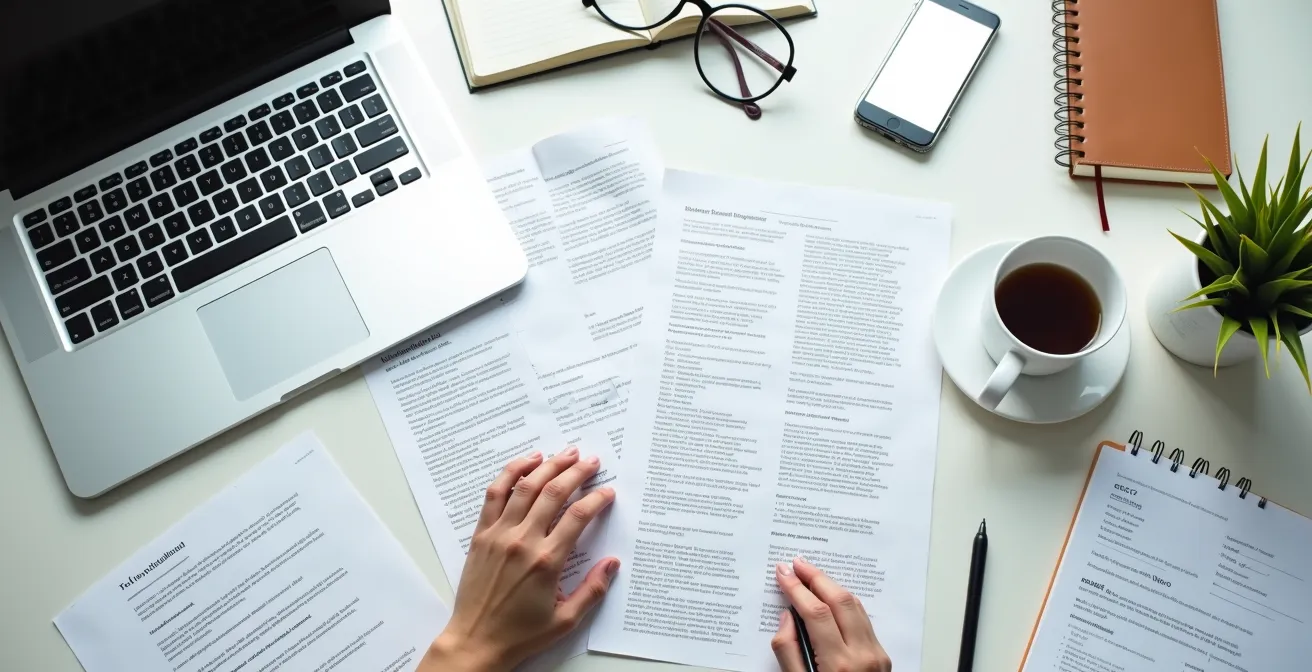 Vista dall'alto di una scrivania minimalista con documenti cartacei disposti ordinatamente, una tazza di caffè e mani che scrivono appunti