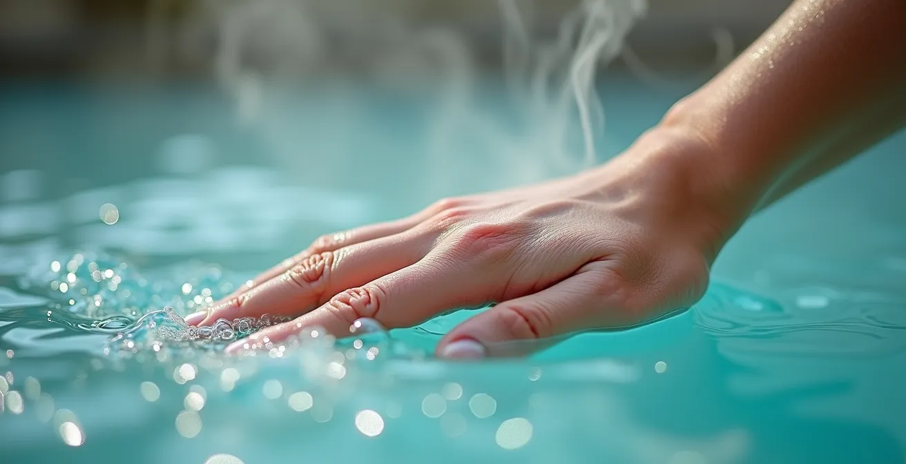 Dettaglio ravvicinato di mano che tocca l'acqua termale con bolle minerali visibili