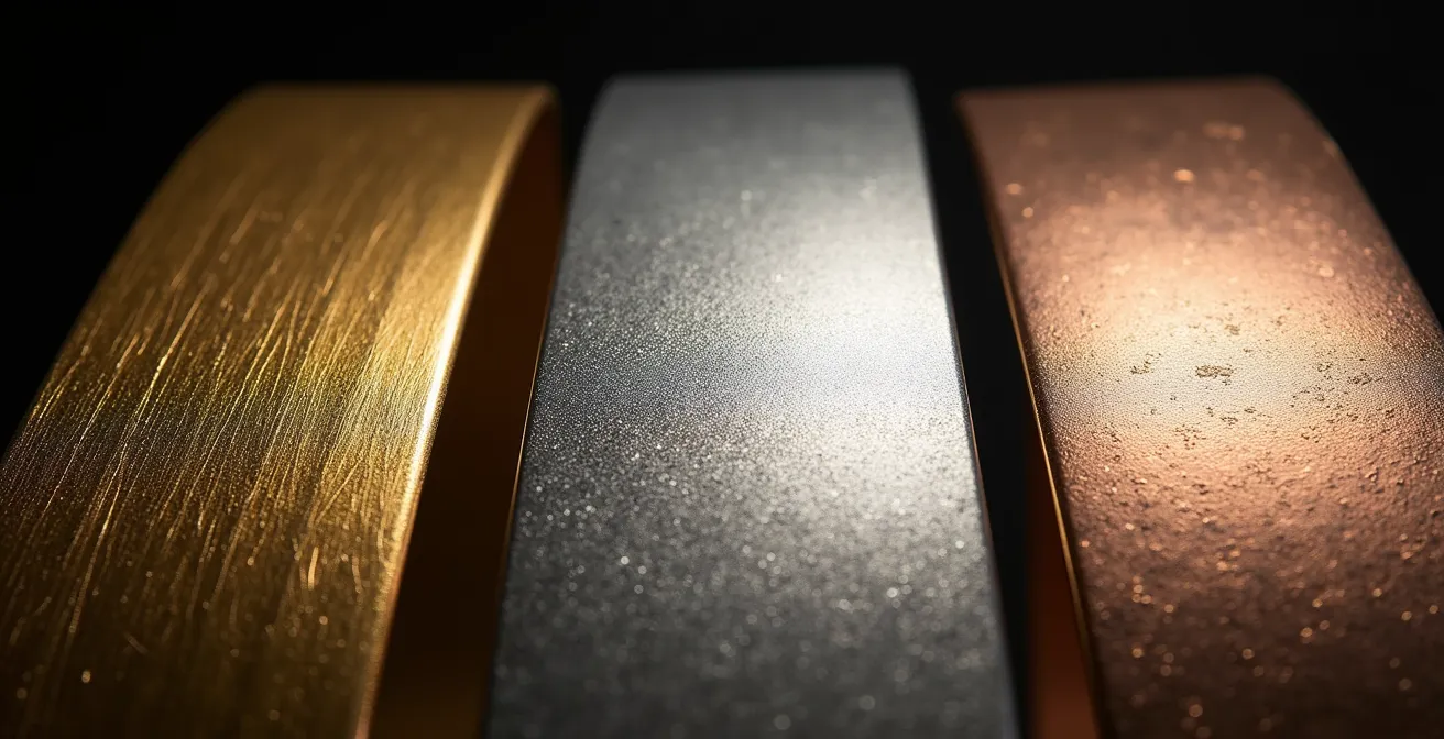 Dettaglio macro di diversi tipi di finiture metalliche per gioielli minimalisti