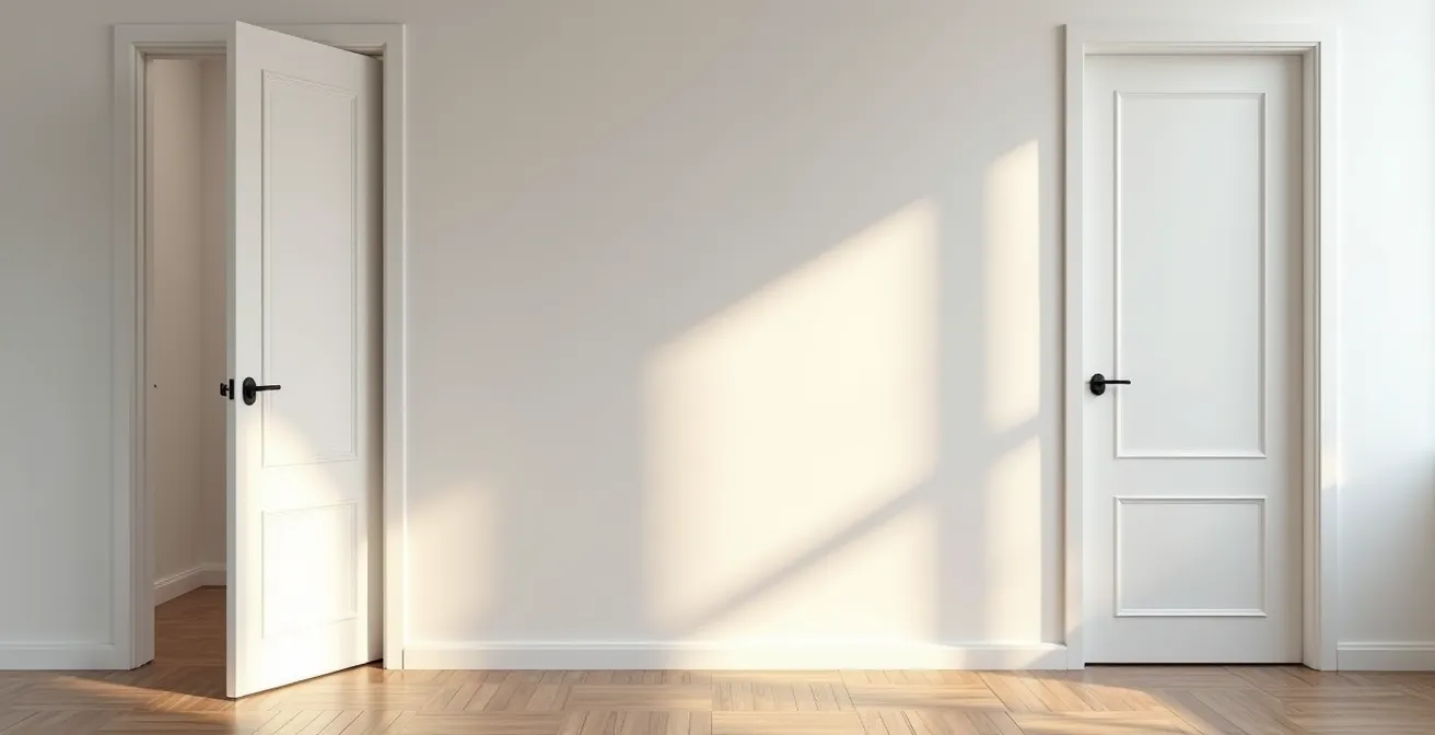 Confronto visivo dello spazio occupato da una porta a battente rispetto a una porta scorrevole in un corridoio stretto.