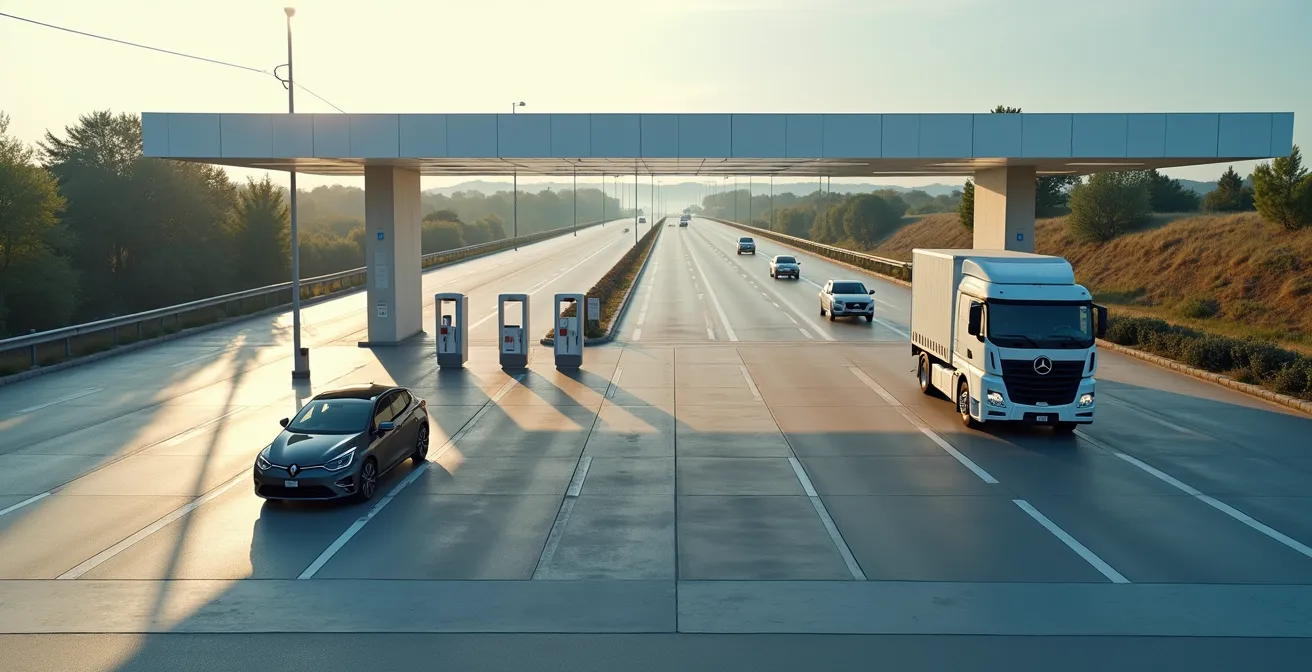 Vista aerea di area di servizio autostradale con colonnine di ricarica rapida