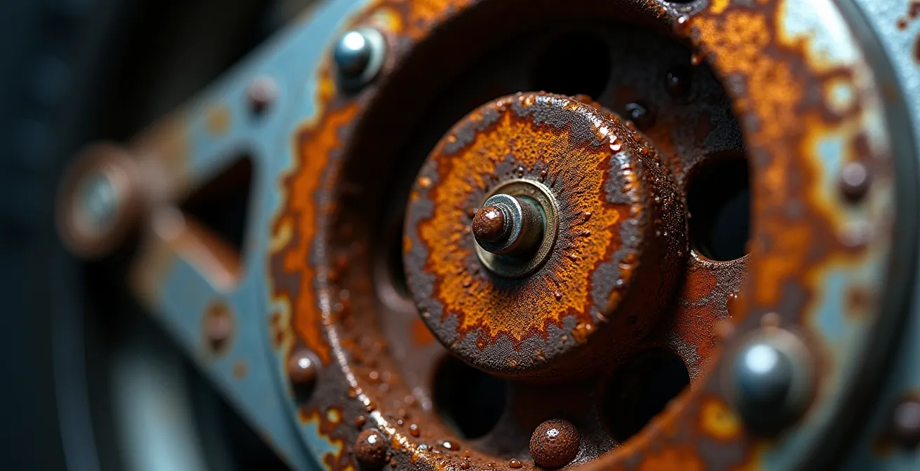 Dettaglio macro della corrosione interna in una pinza freno causata da fluido degradato