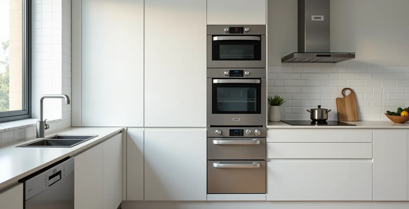 Cucina lineare moderna che mostra elettrodomestici slim come forno e lavastoviglie disposti in colonna per massimizzare lo spazio verticale.
