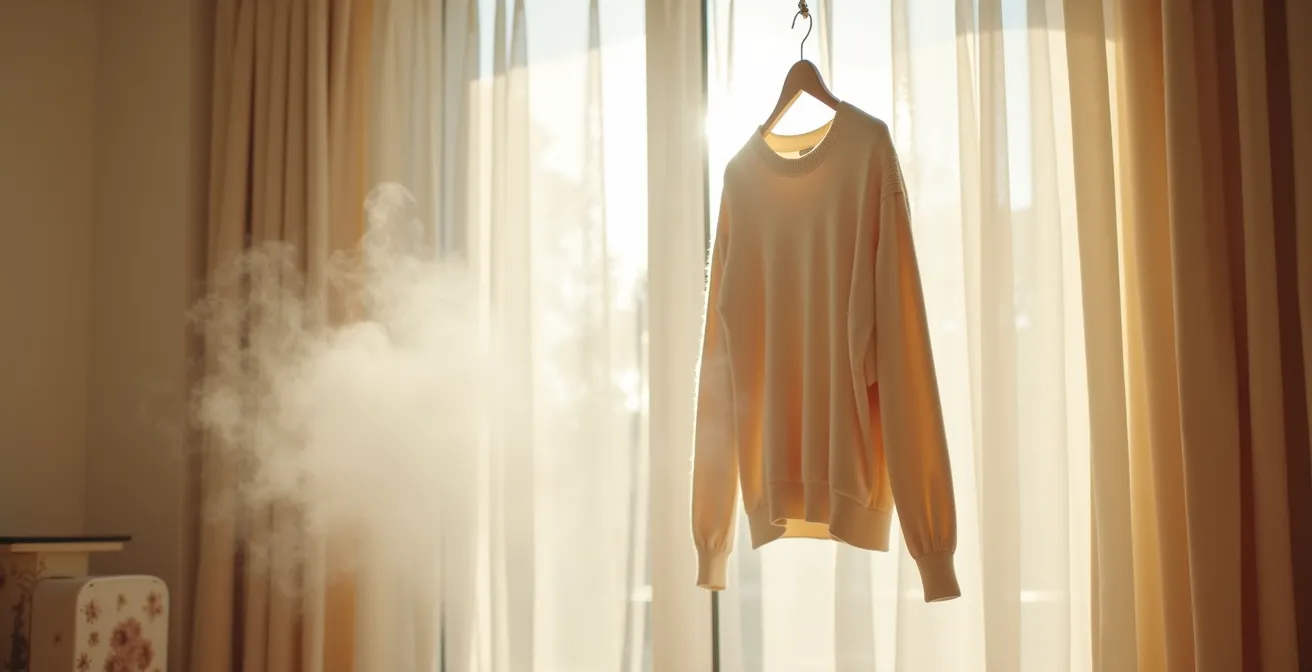 Vaporiera verticale che emette vapore su maglione di cashmere appeso