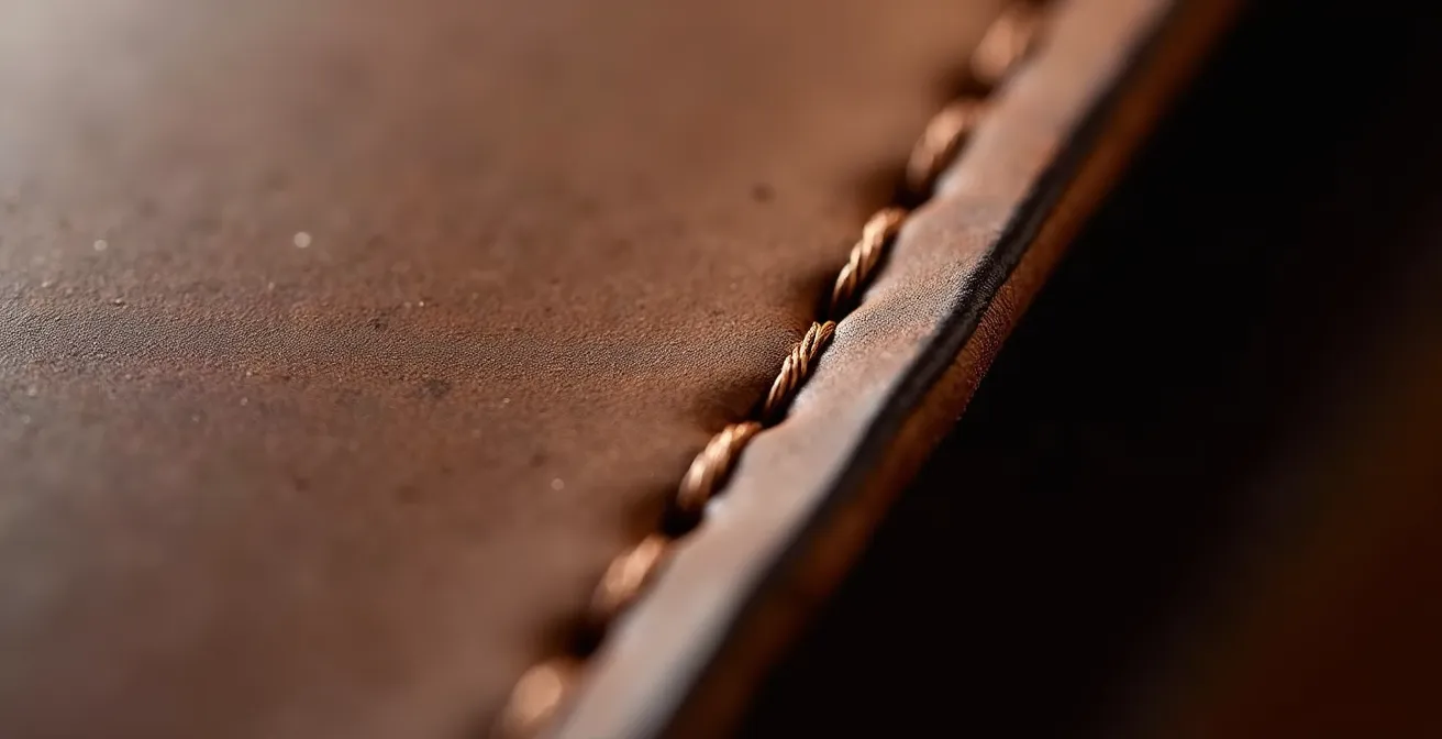 Macro dettaglio di cucitura a punto sella su bordo di borsa in pelle