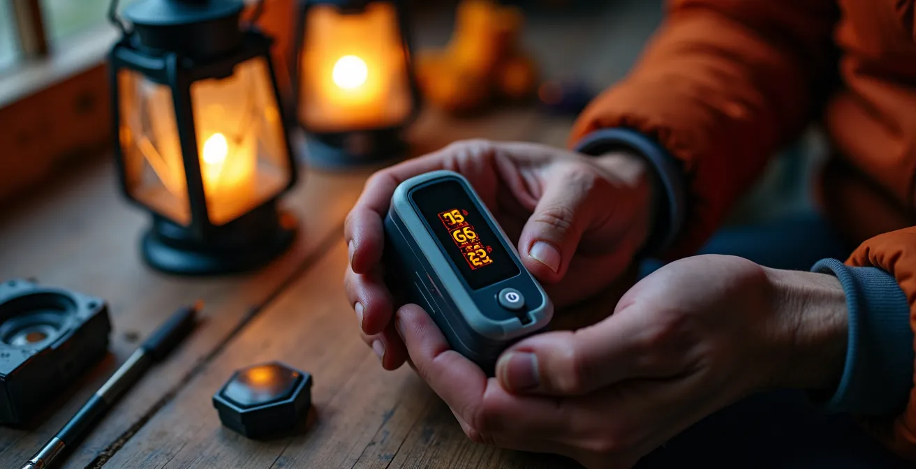 Escursionista che compila il diario di acclimatamento con pulsiossimetro in rifugio di montagna