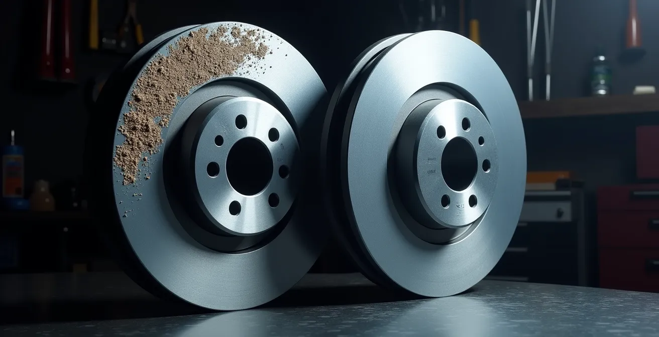 Confronto visivo tra disco freno con rodaggio corretto mostrante film uniforme e disco vetrificato con depositi irregolari
