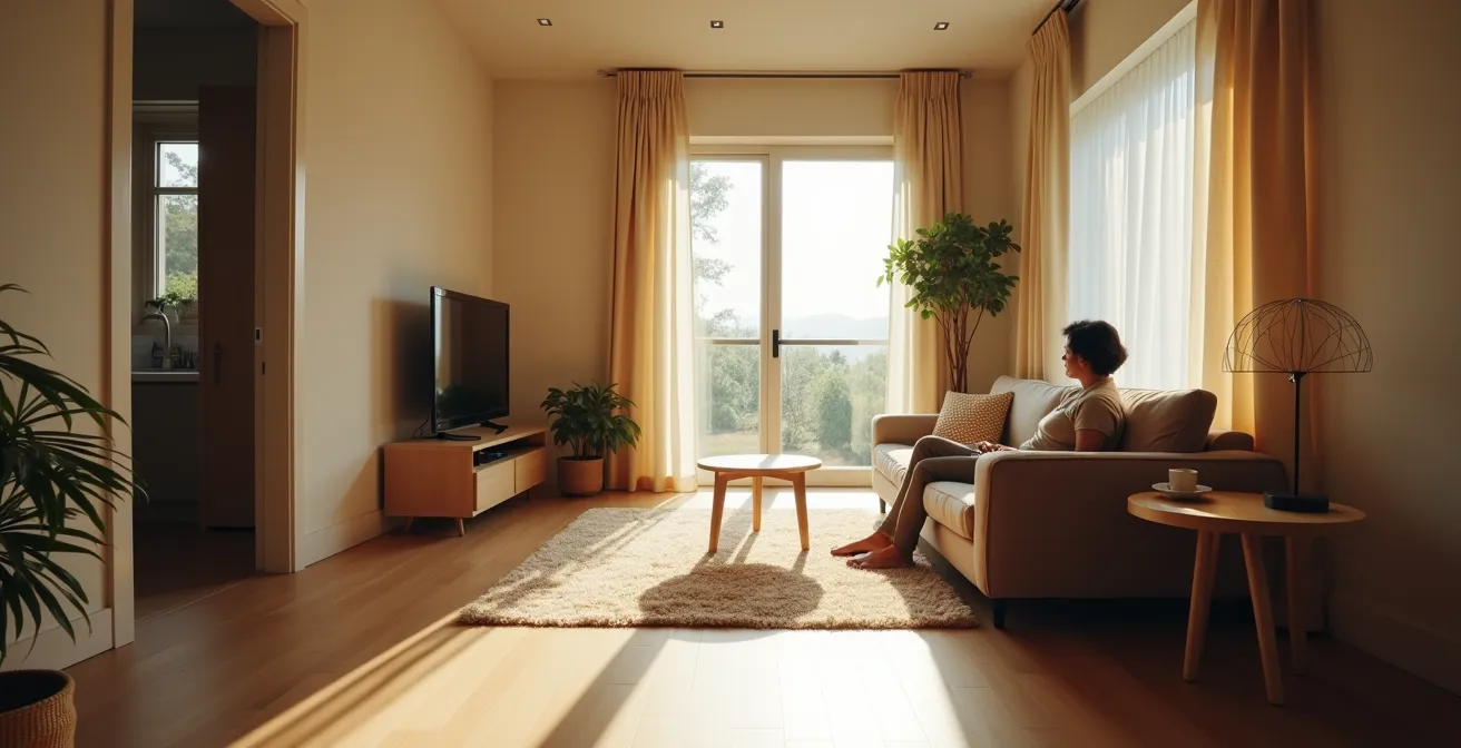 Soggiorno con disposizione strategica dei mobili secondo i principi della neuroarchitettura