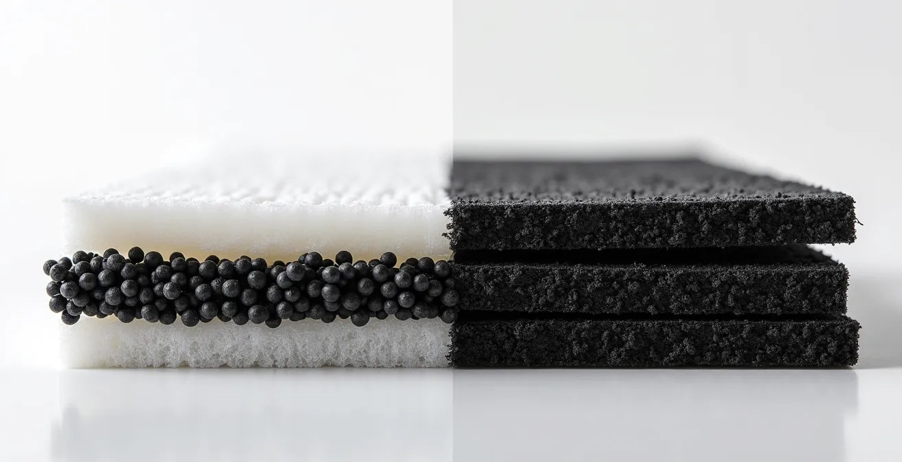 Sezione filtro abitacolo ai carboni attivi con strati visibili e confronto prima dopo utilizzo