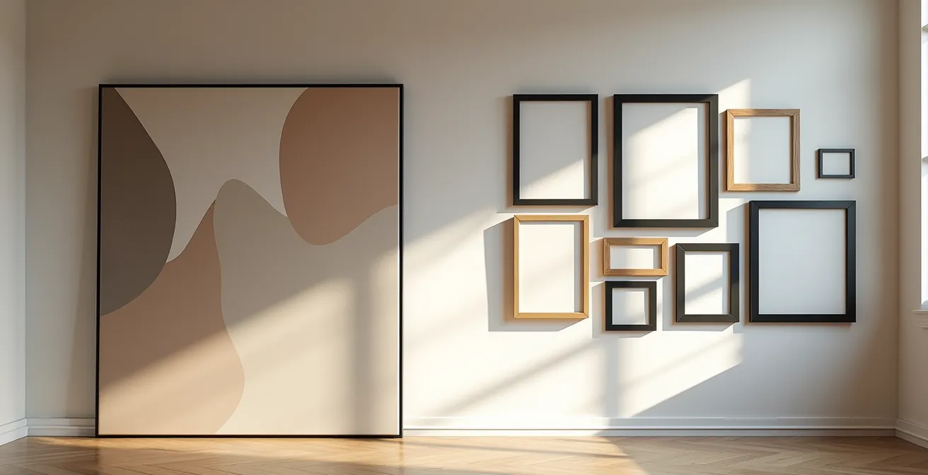 Parete con composizione artistica asimmetrica in un soggiorno moderno