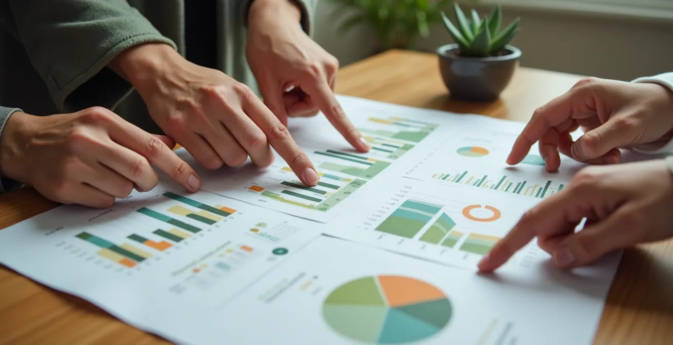 Mani che tengono documenti finanziari con grafici verdi e simboli di sostenibilità