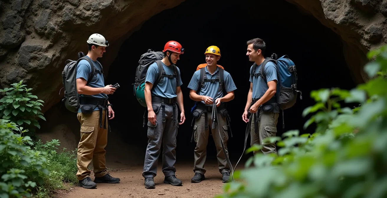 Gruppo di speleologi all'ingresso di una grotta con equipaggiamento completo