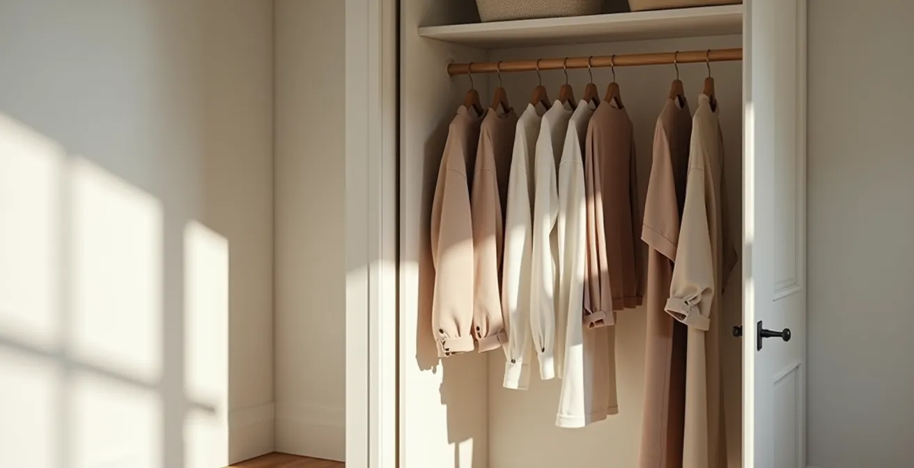 Armadio aperto con capi selezionati e organizzati in modo minimalista e strategico