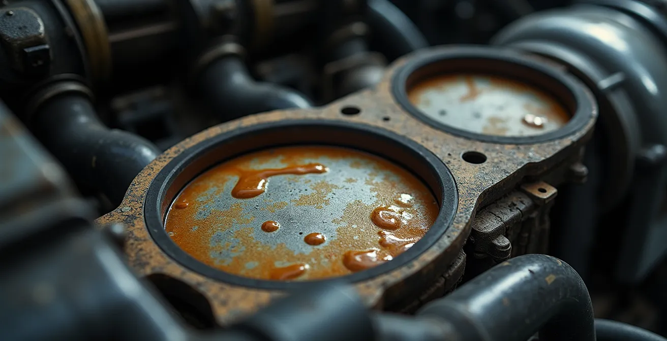 Guarnizione indurita di motore datato con tracce di perdita olio