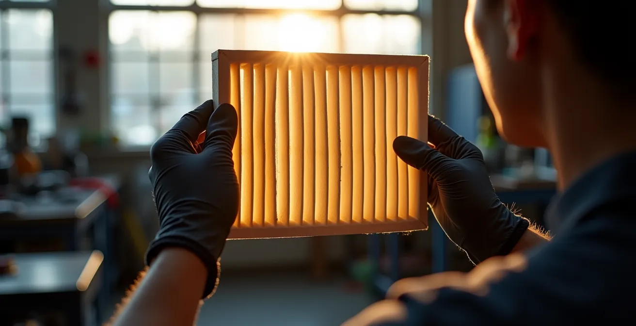 Mano che tiene filtro aria auto controluce mostrando la trama delle fibre e l'integrità della carta