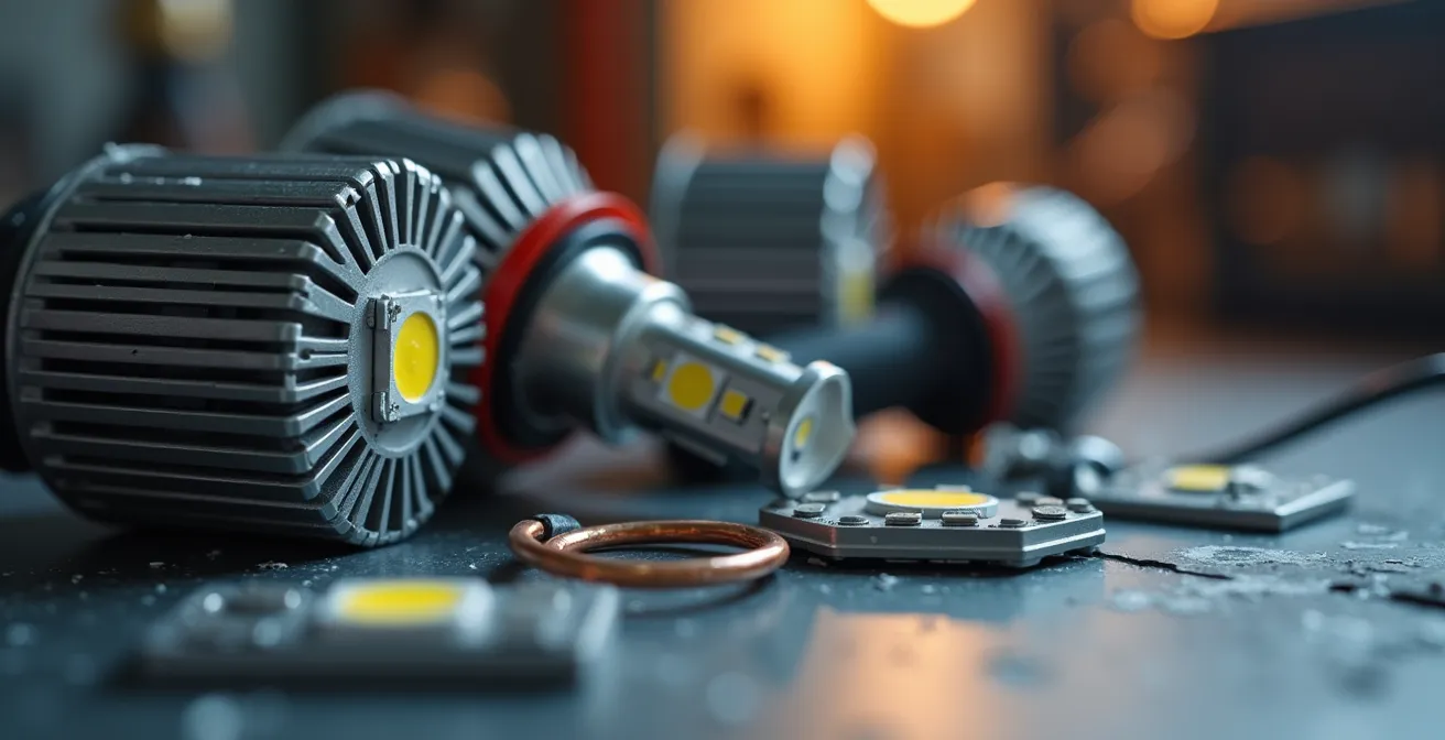 Vista macro dei componenti di un kit LED per auto con dissipatore e chip visibili