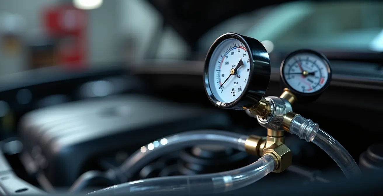 Kit professionale di pressurizzazione collegato al sistema di raffreddamento di un'auto