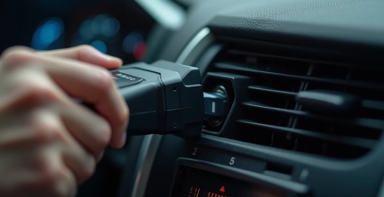 Dettaglio ravvicinato di mani che collegano scanner OBD alla porta diagnostica sotto il cruscotto