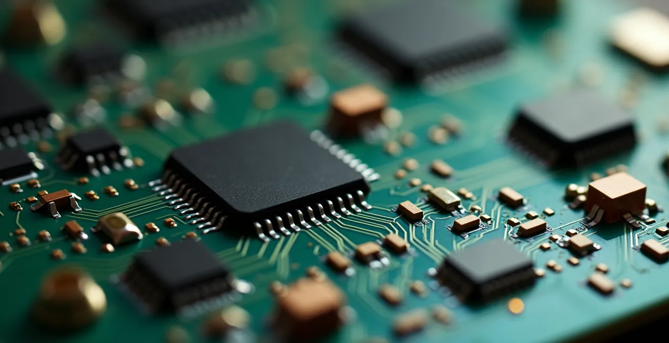 Dettaglio macro di chip elettronico centralina con illuminazione professionale