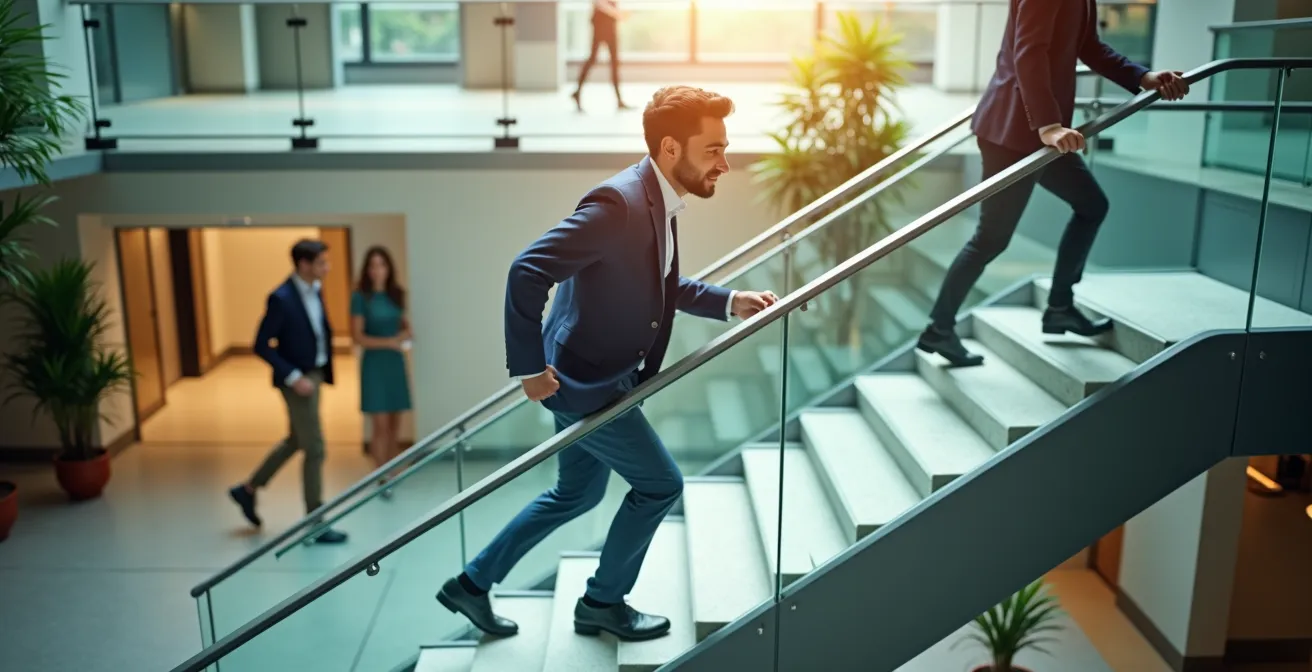 Persona che sale le scale in un ambiente lavorativo moderno