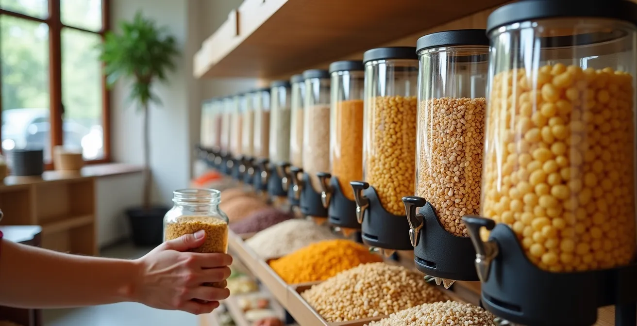 Interno di un negozio alla spina con dispenser trasparenti pieni di cereali, pasta e legumi colorati