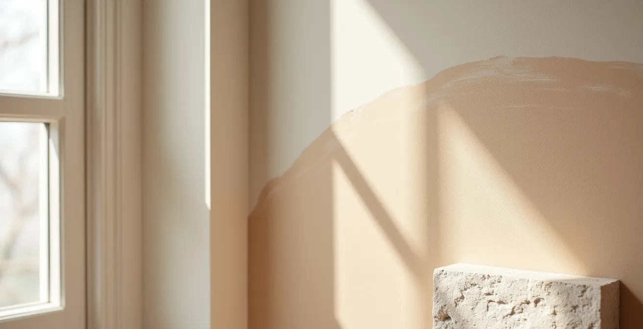 Stanza con pareti in tonalità neutre calde e texture naturali