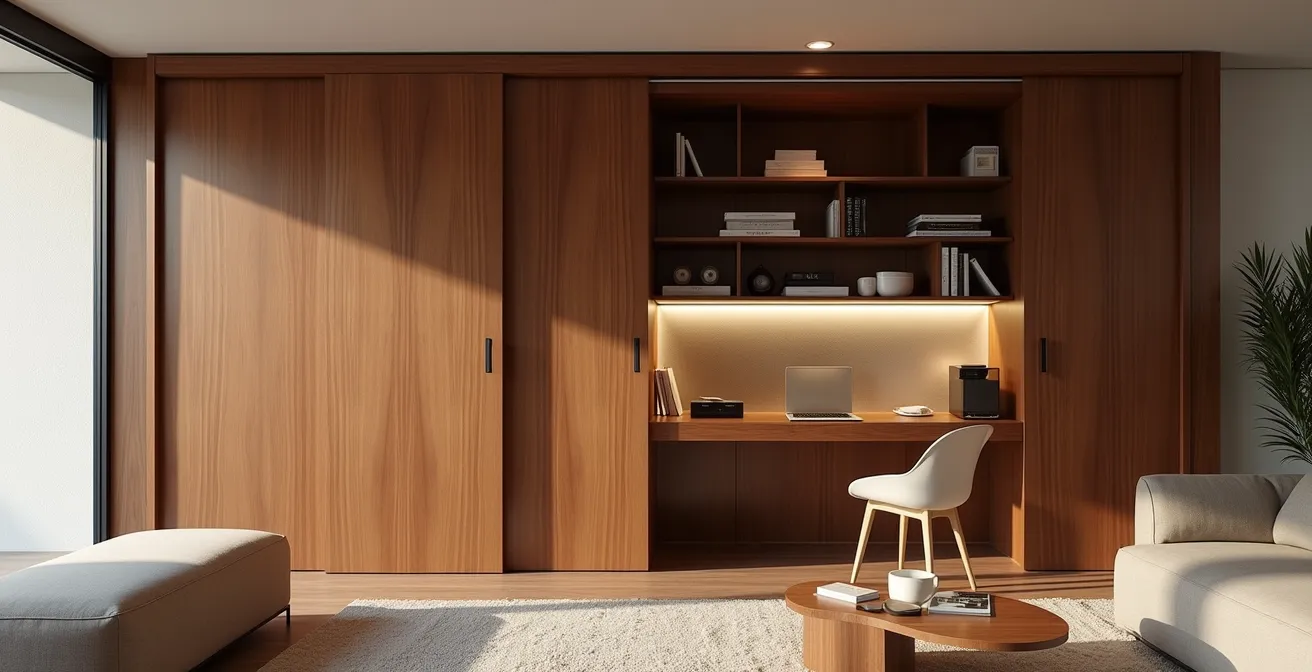 Sistema parete con postazione lavoro completamente nascosta dietro ante scorrevoli