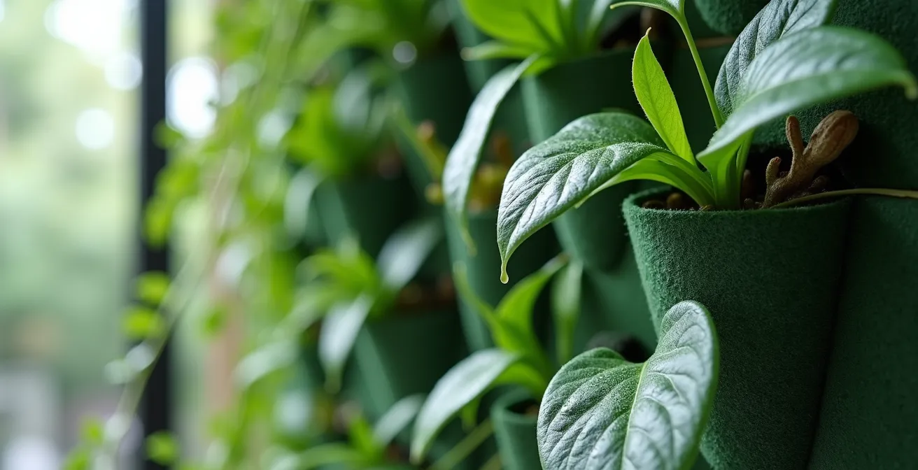 Parete verde verticale con sistema di tasche in feltro e piante cascanti in soggiorno moderno