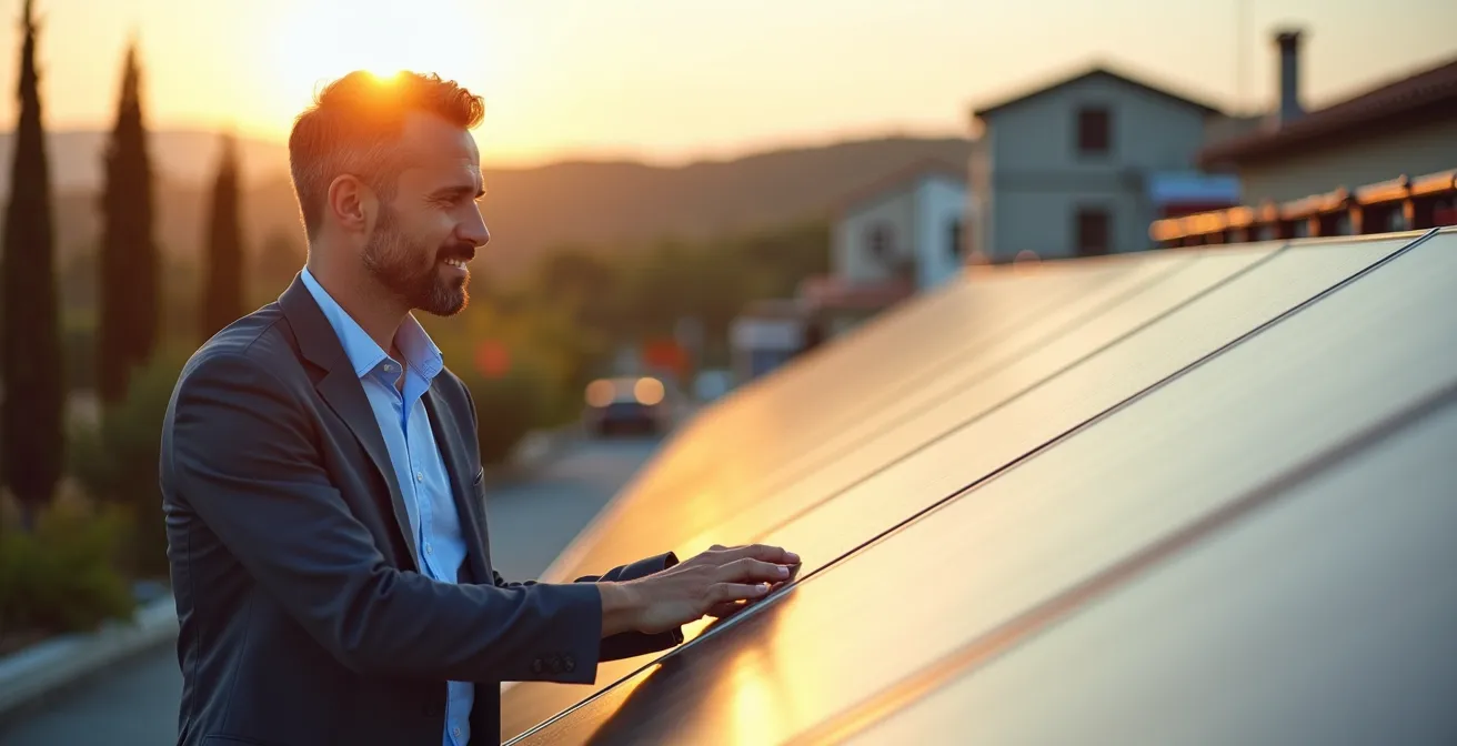 Pannelli fotovoltaici su tetto aziendale italiano con paesaggio