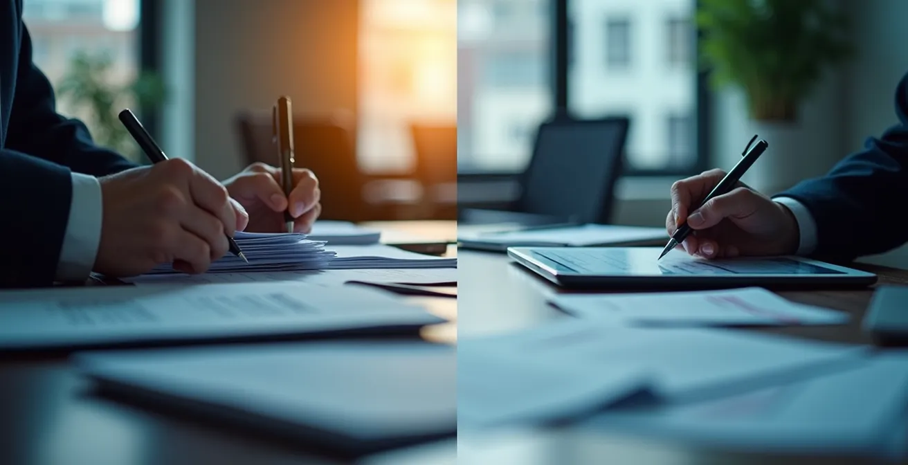 Professionista che utilizza tablet per firma digitale in ambiente business moderno