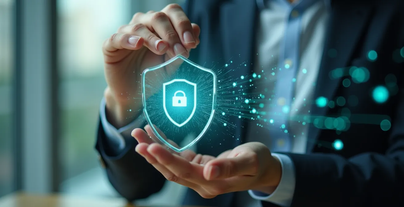 Rappresentazione simbolica della protezione dei dati con lucchetto digitale e flussi di dati sicuri