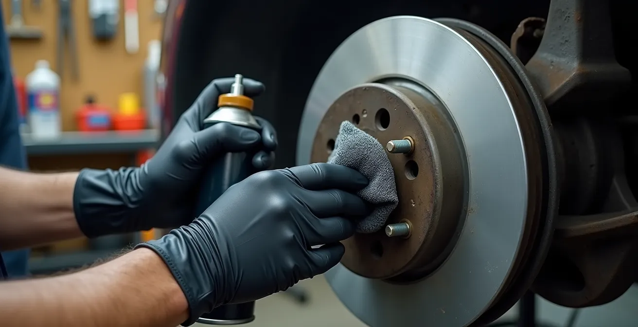 Mani di meccanico che pulisce delicatamente un sensore ABS con panno e spray specifico