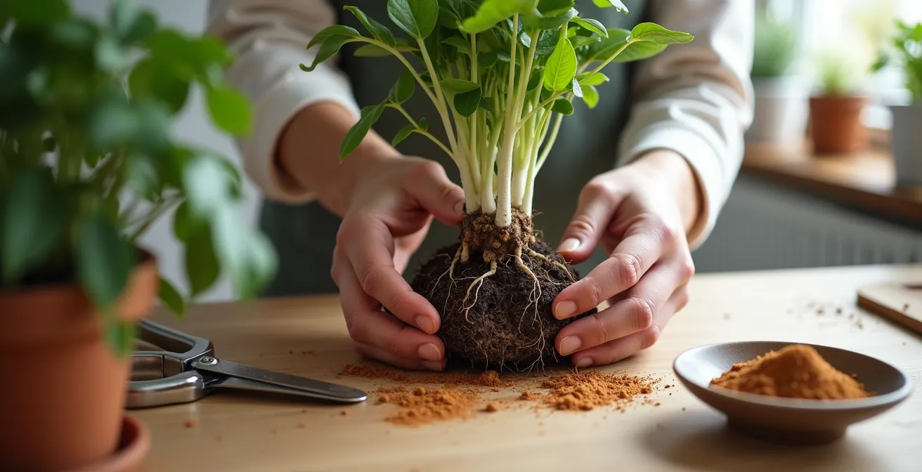 Mani che esaminano delicatamente le radici di una pianta con forbici da potatura sterilizzate
