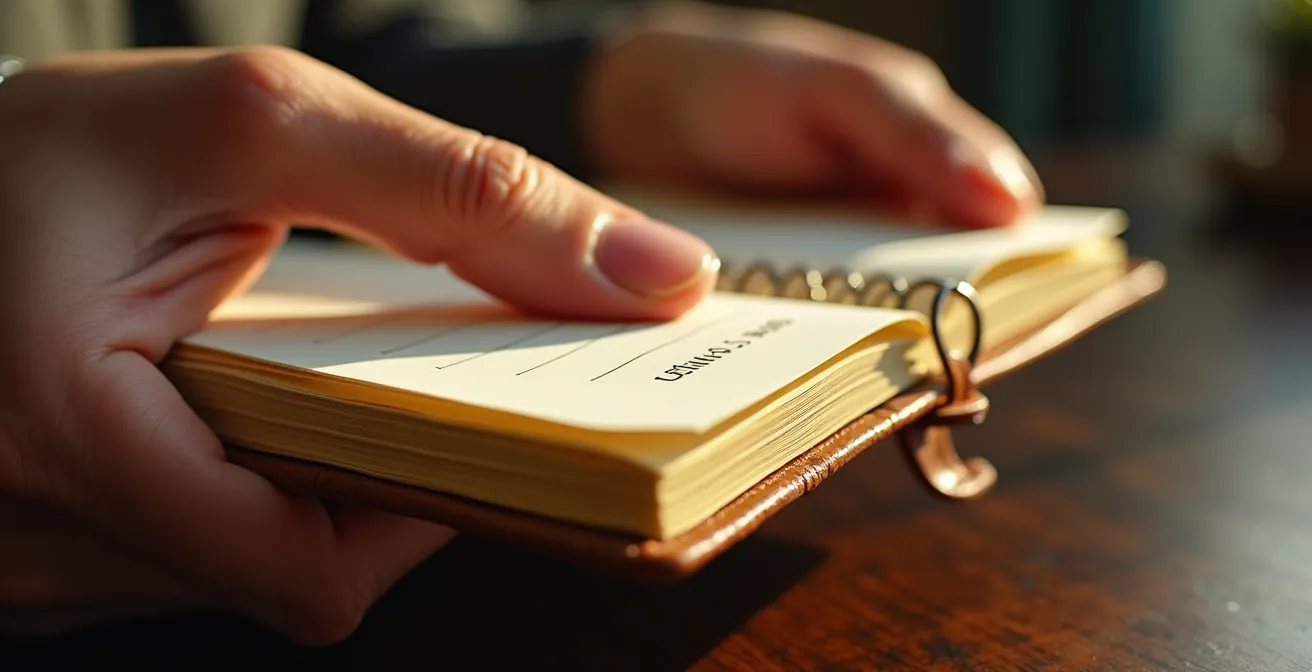 Dettaglio macro di una mano che chiude un'agenda alla fine della giornata lavorativa, con luce calda del tramonto