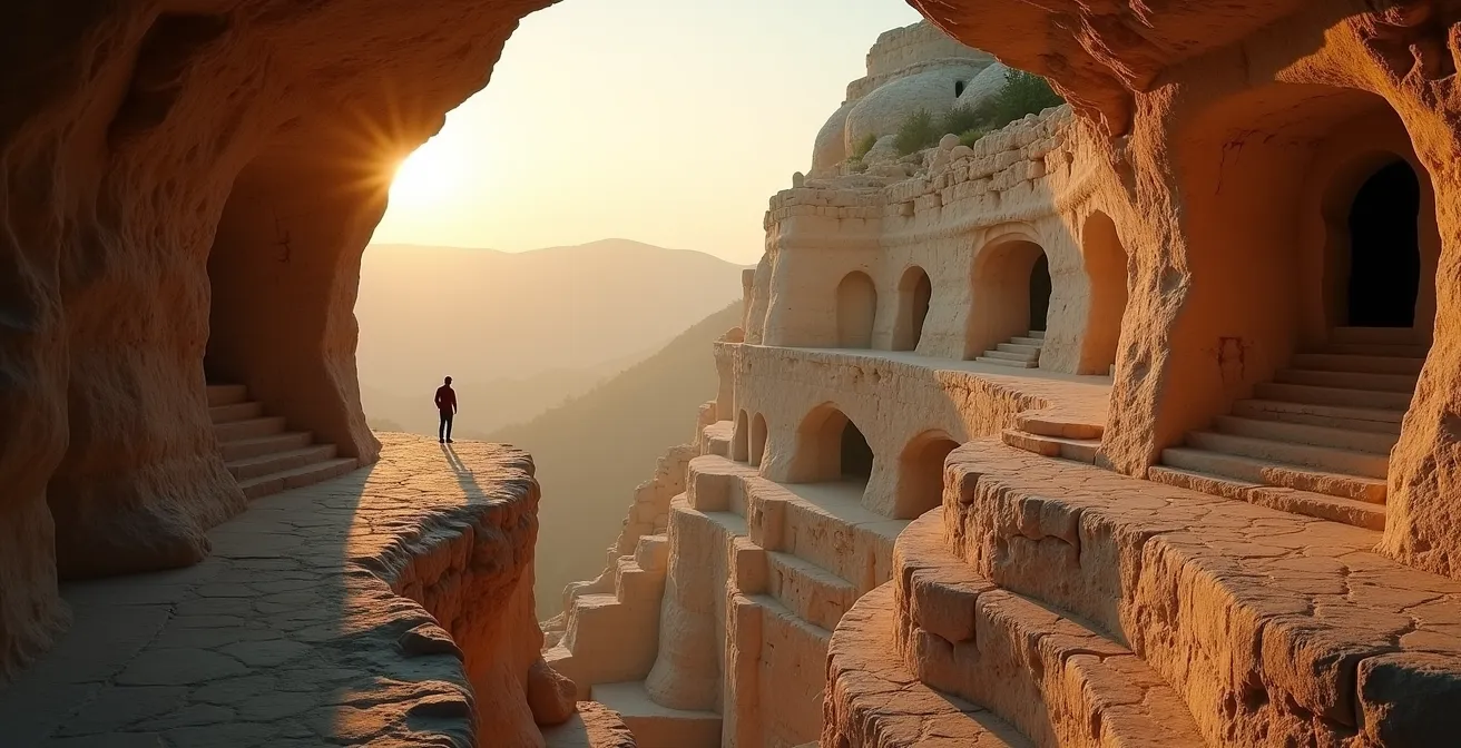 Vista panoramica dei Sassi di Matera all'alba con luci dorate
