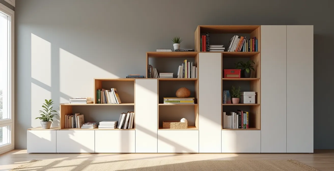 Sistema a parete modulare che si espande verticalmente dal pavimento al soffitto