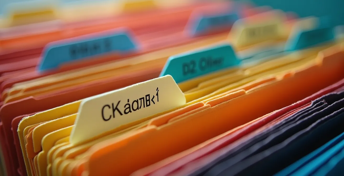 Vista macro di sistema di archiviazione digitale con folder colorati e struttura organizzata