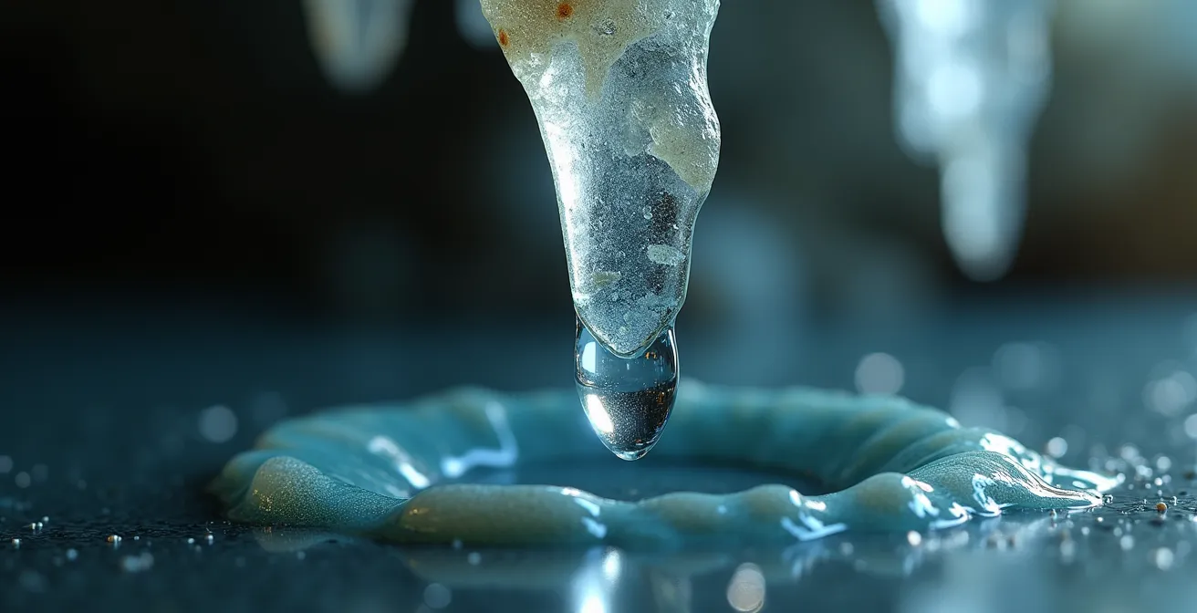 Dettaglio ravvicinato di una stalattite con gocce d'acqua che depositano calcite