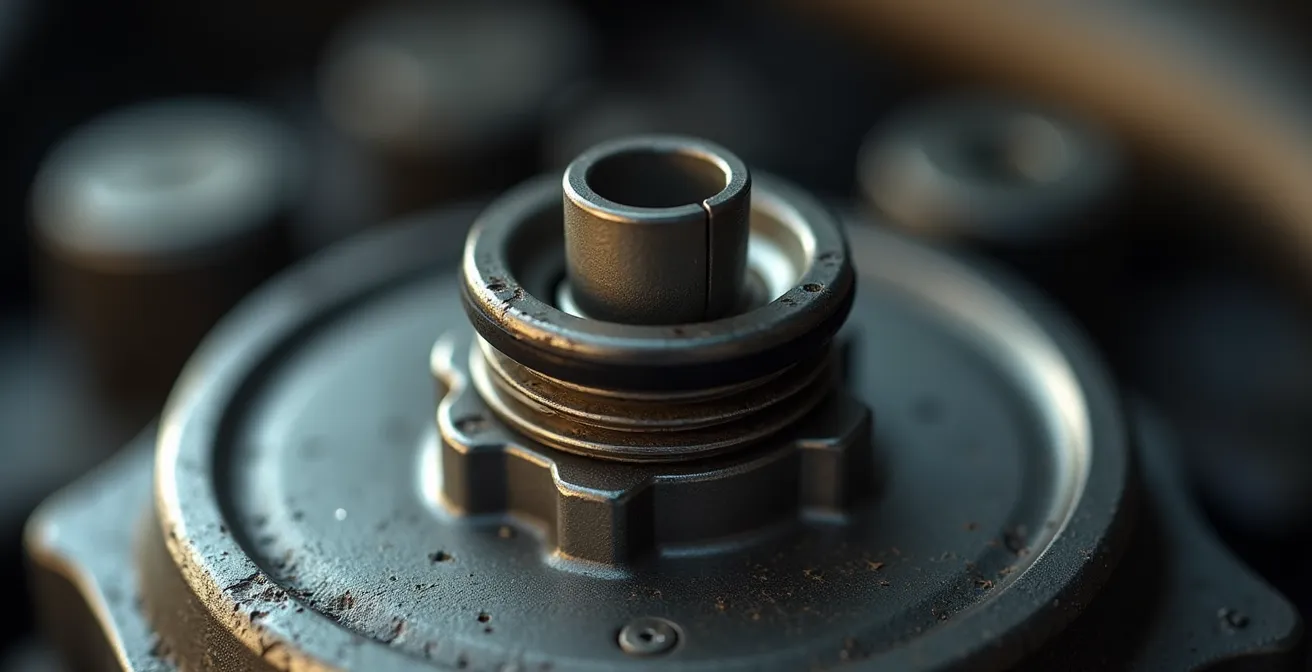 Dettaglio macro del meccanismo interno di un tappo del radiatore con valvole di pressione