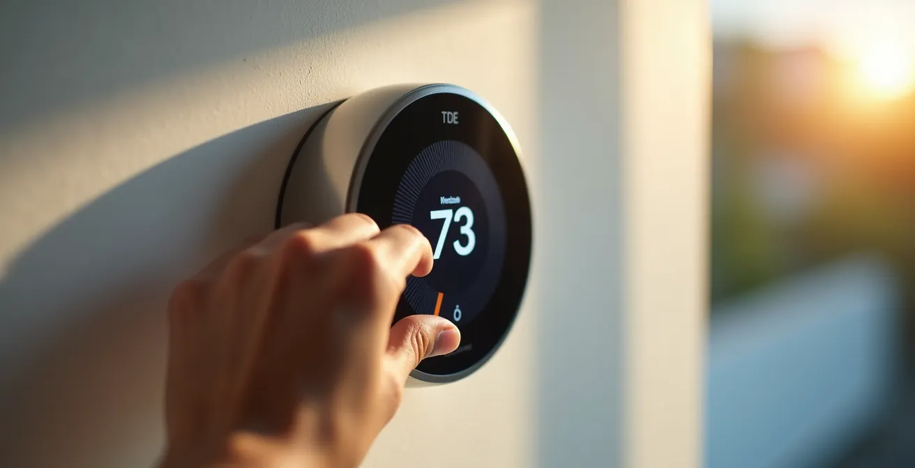 Mano che regola termostato smart con visualizzazione astratta del flusso di calore