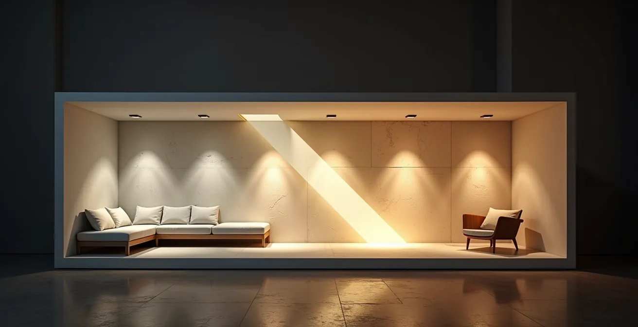 Vista laterale di una stanza che mostra i tre livelli di illuminazione sovrapposti