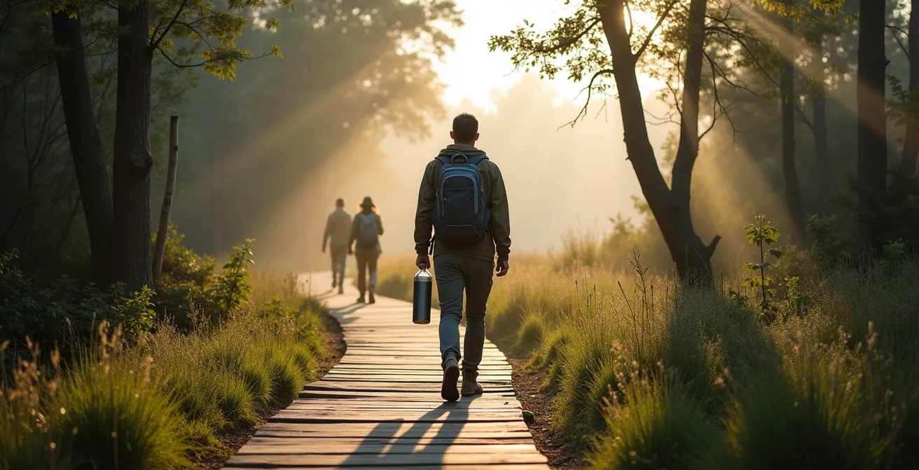 Turista con equipaggiamento sostenibile su sentiero naturale protetto